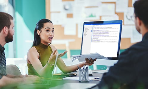 picture of three people in a meeting with the woman talking