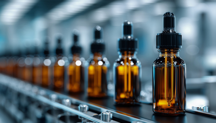 Amber dropper bottles on a pharmaceutical production line