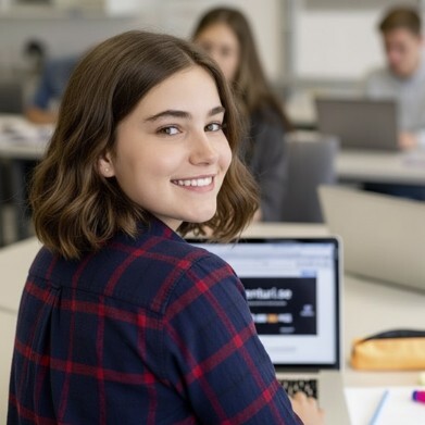 bild på en leende student i blå skjorta som extrajobbar